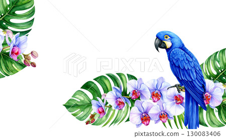 Colorful parrot on a branch with leaves and tropical flowers isolated on white background. 130083406