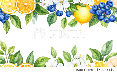 Floral frame and border with fresh fruits and oranges illustration isolated on white background. Floral frame and border with fresh fruits and oranges illustration isolated on white background. 130083419