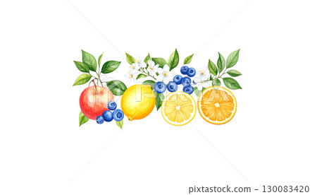 Floral frame and border with fresh fruits and oranges illustration isolated on white background. 130083420