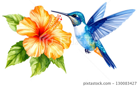 Colorful tropical birds flying with wings spread. Colorful flowers illustration on white background. 130083427