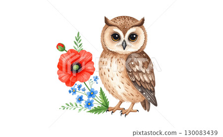 Cute little brown owl sitting on a branch isolated on white background. 130083439