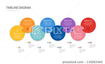 Business infographic timeline design template 8 Steps. Business milestone and strategy presentation. Vector illustration. Business infographic timeline design template 8 Steps. Business milestone and strategy presentation. Vector illustration. 130083460