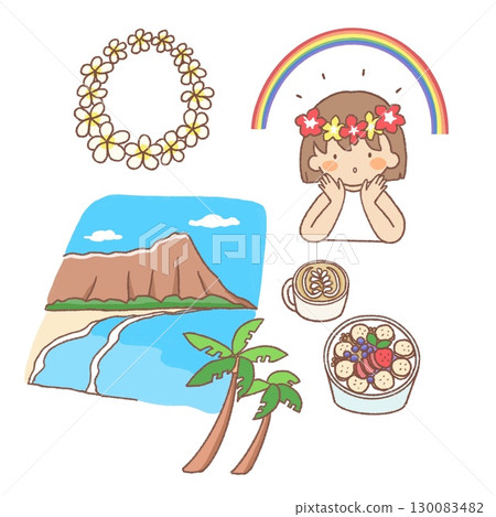 夏威夷風景和熱帶島嶼插圖集 130083482