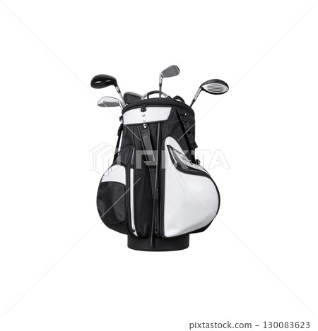 Black golf bag with golf clubs and golf bag isolated on white background. 130083623