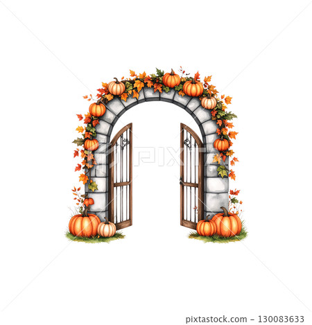 Pumpkin decoration in autumn with Halloween pumpkin on the door isolated on white background. Pumpkin decoration in autumn with Halloween pumpkin on the door isolated on white background. 130083633