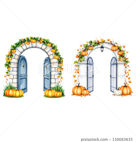 Pumpkin decoration in autumn with Halloween pumpkin on the door isolated on white background. Pumpkin decoration in autumn with Halloween pumpkin on the door isolated on white background. 130083635