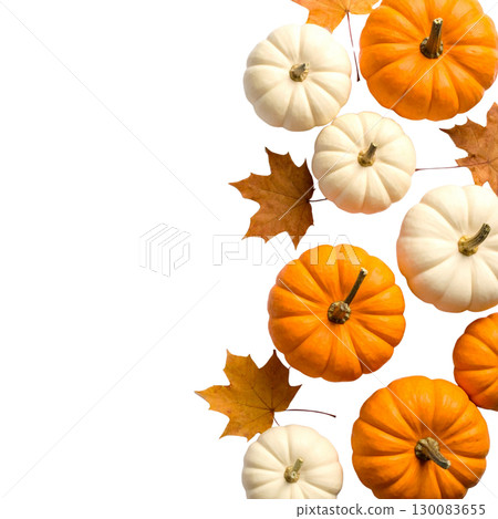 Bright orange pumpkin reminiscent of the autumn harvest, isolated on a white background. 130083655