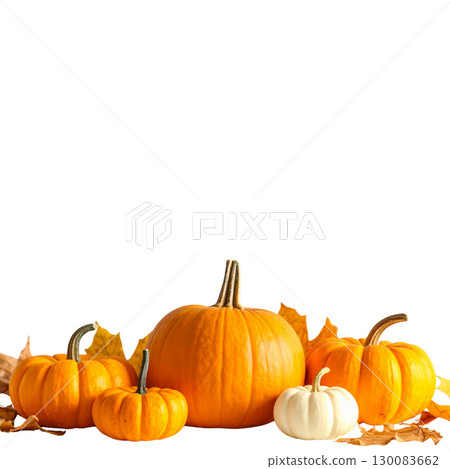 Bright orange pumpkin reminiscent of the autumn harvest, isolated on a white background. 130083662