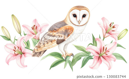 Owl perched on a branch in a natural spring landscape full of flowers and butterflies. Pink flowers in full bloom isolated on white background. 130083744