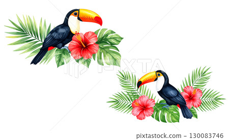 Colorful toucan with prominent beak perched amidst yellow flowers and green leaves in tropical forest isolated on white background Colorful toucan with prominent beak perched amidst yellow flowers and green leaves in tropical forest isolated on white background 130083746
