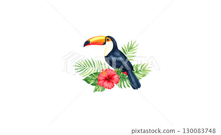 Colorful toucan with prominent beak perched amidst yellow flowers and green leaves in tropical forest isolated on white background Colorful toucan with prominent beak perched amidst yellow flowers and green leaves in tropical forest isolated on white background 130083748