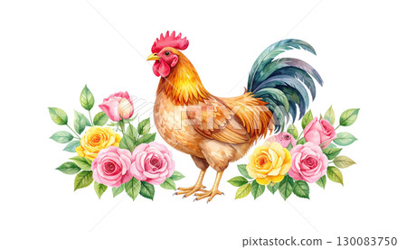 White rooster with red crest and hen isolated on white background. White rooster with red crest and hen isolated on white background. 130083750