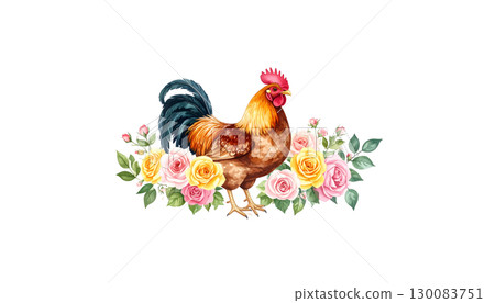 White rooster with red crest and hen isolated on white background. 130083751