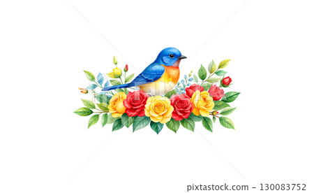 Bouquet of roses with birds on a branch isolated on white background 130083752
