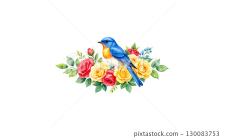 Bouquet of roses with birds on a branch isolated on white background 130083753