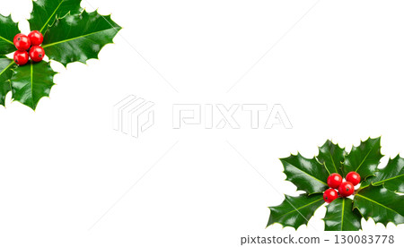 Christmas holly tree with red berries, green leaves, festive decorations isolated on white background. 130083778