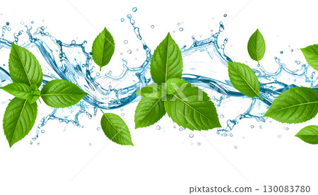 Fresh green mint leaves splashing on refreshing water surface isolated on white background. 130083780