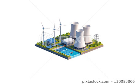 Isometric illustration set of factory and power plant buildings with isolated city elements on white background. 130083806