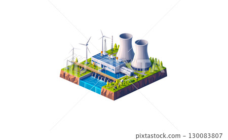 Isometric illustration set of factory and power plant buildings with isolated city elements on white background. Isometric illustration set of factory and power plant buildings with isolated city elements on white background. 130083807