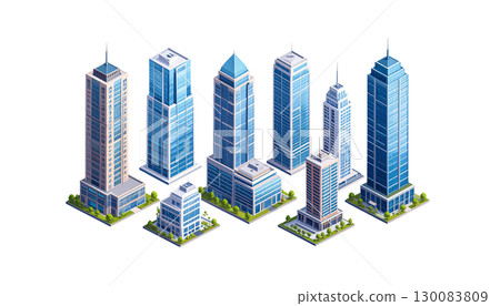 City skyline with towering skyscrapers and modern architecture isolated on white background. 130083809