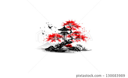 Colorful grunge art illustration with trees and birds. 130083989