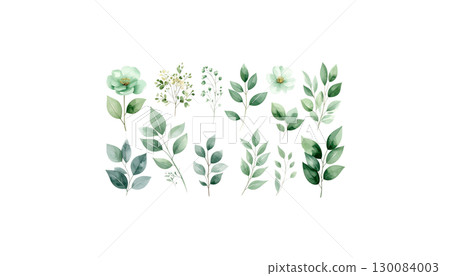 Green floral frame with natural pattern of leaves, trees and flowers, isolated on white background. 130084003