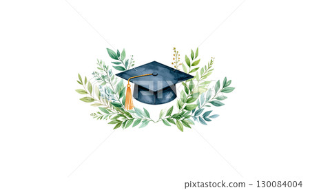 Black graduation cap with diploma, symbolizing educational achievement and learning path isolated on white background. 130084004