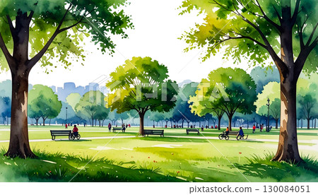 Beautiful spring park landscape with green grass and trees under a blue sky 130084051