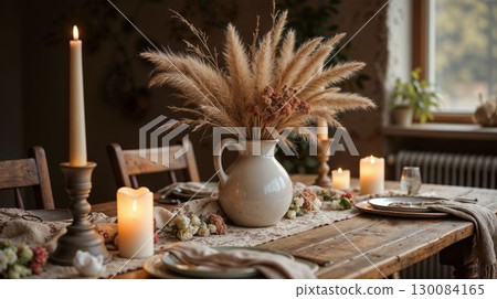 Cozy boho rustic table with candles and dried flowers 130084165