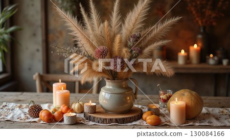 Cozy boho autumn table with candles and dried pampas 130084166