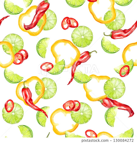 Hand-drawn illustration of a seamless pattern with red chili peppers, green and yellow bell peppers, and lime slices 130084272