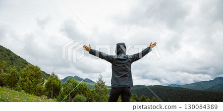 Woman enjoy the forest in summer high altitude mountains Woman enjoy the forest in summer high altitude mountains 130084389