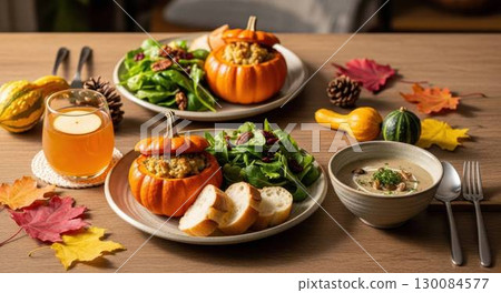 感恩節或萬聖節享用的秋季蔬菜晚餐 130084577