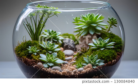A meticulously crafted and serene miniature terrarium housed in a clear glass bowl. The small ecosystem features a variety of succulent plants, vibrant green moss, tiny stones forming a small path, an 130084840