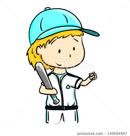 Yong boy in baseball uniform holding baseball bat and ball cartoon illustration Yong boy in baseball uniform holding baseball bat and ball cartoon illustration 130084987