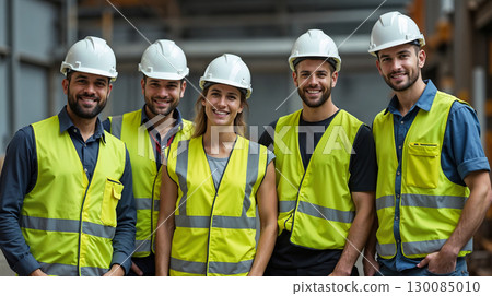 Group of smiling construction workers wearing safety helmets and reflective vests standing together in an industrial environment. Group of smiling construction workers wearing safety helmets and reflective vests standing together in an industrial environment. 130085010
