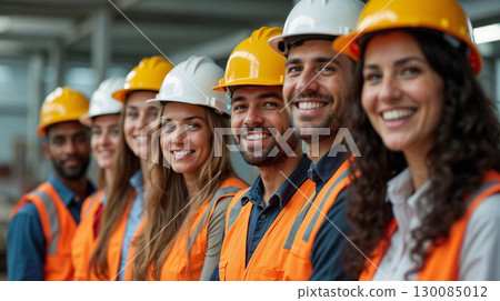 Group of smiling construction workers wearing safety helmets and reflective vests standing together in an industrial environment. 130085012