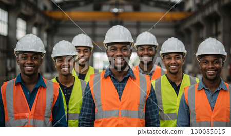 Group of smiling construction workers wearing safety helmets and reflective vests standing together in an industrial environment. 130085015
