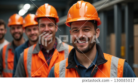 Group of smiling construction workers wearing safety helmets and reflective vests standing together in an industrial environment. 130085017