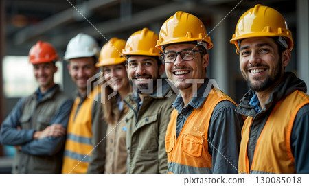 Group of smiling construction workers wearing safety helmets and reflective vests standing together in an industrial environment. 130085018