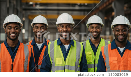Group of smiling construction workers wearing safety helmets and reflective vests standing together in an industrial environment. 130085019