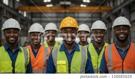 Group of smiling construction workers wearing safety helmets and reflective vests standing together in an industrial environment. Group of smiling construction workers wearing safety helmets and reflective vests standing together in an industrial environment. 130085020