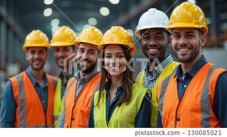 Group of smiling construction workers wearing safety helmets and reflective vests standing together in an industrial environment. Group of smiling construction workers wearing safety helmets and reflective vests standing together in an industrial environment. 130085021