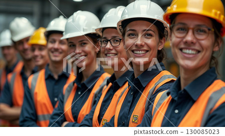 Group of smiling construction workers wearing safety helmets and reflective vests standing together in an industrial environment. 130085023
