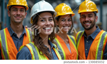Group of smiling construction workers wearing safety helmets and reflective vests standing together in an industrial environment. Group of smiling construction workers wearing safety helmets and reflective vests standing together in an industrial environment. 130085032