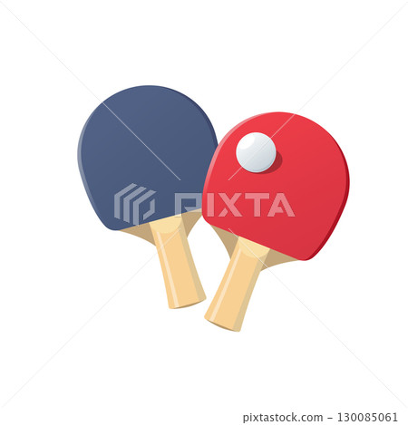 Illustration of two ping pong paddles, one red and one blue, with a white table tennis ball 130085061