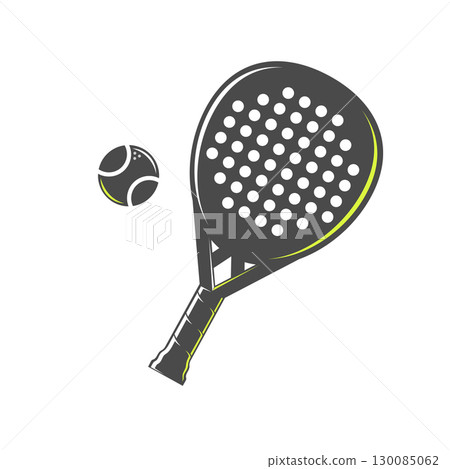 Illustration of a padel racket with perforated holes and a ball, designed in a modern flat style 130085062