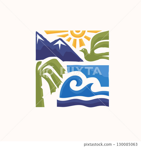 Colorful illustration of nature featuring mountains, sun, bird, ocean waves, and a palm tree in a stylized artistic design Colorful illustration of nature featuring mountains, sun, bird, ocean waves, and a palm tree in a stylized artistic design 130085063