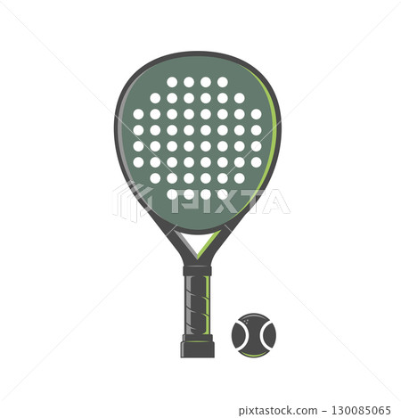 Illustration of a padel racket with perforated holes and a ball, designed in a modern flat style Illustration of a padel racket with perforated holes and a ball, designed in a modern flat style 130085065