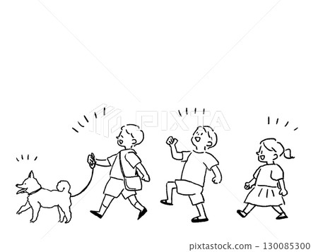 A small boy and girl walking a Shiba Inu, three small children walking with a dog, line drawing A small boy and girl walking a Shiba Inu, three small children walking with a dog, line drawing 130085300